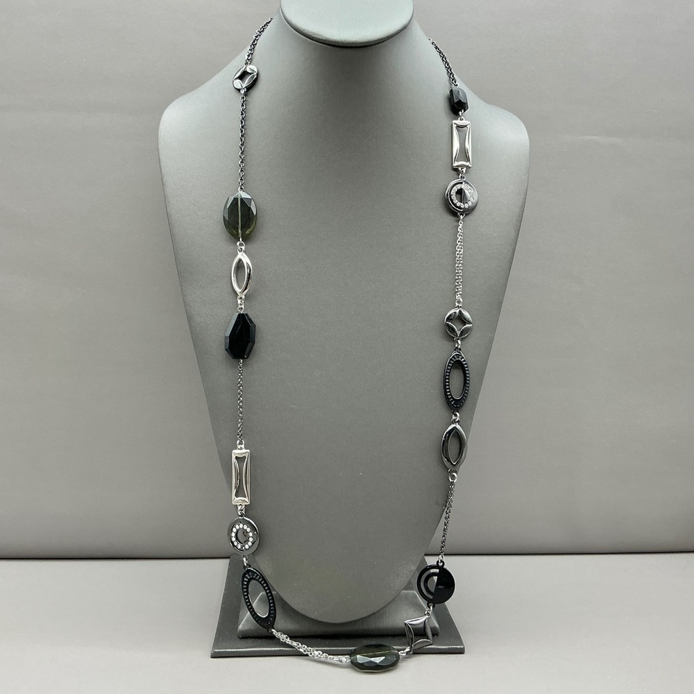 Lia Sophia Necklace Black Silver Tone Geometric Rhinestone Long Statement Chain